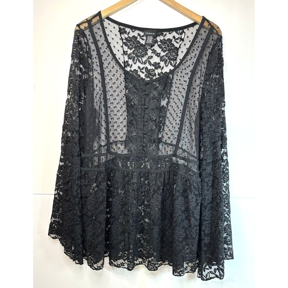Torrid shirt Womens 1X black lace mesh bell sleeve button ruffle blouse see thru
